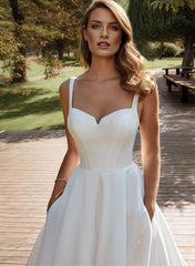 Long Ball Gown Strapless Sweep Train Satin Wedding Dress with Pockets