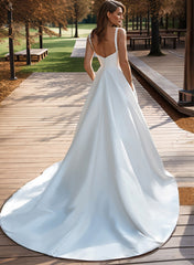 Long Ball Gown Strapless Sweep Train Satin Wedding Dress with Pockets