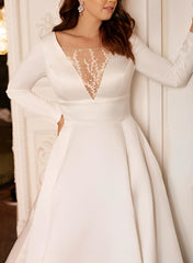 Plus Size Long Sleeves A-line Satin Wedding Dresses with Sweep Train