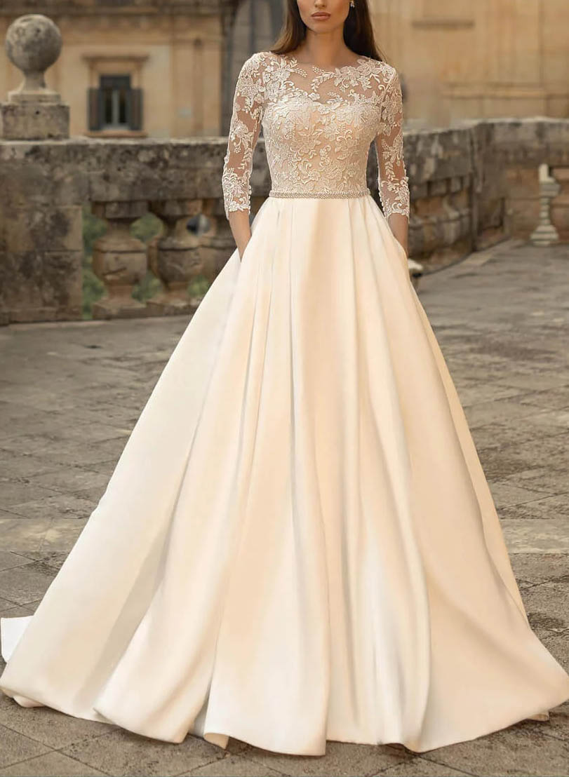 Long Ball Gown Satin Lace Backless Pockets Wedding Dresses with Sleeves