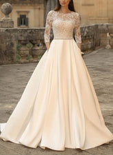 Long Ball Gown Satin Lace Backless Pockets Wedding Dresses with Sleeves