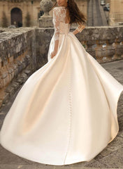 Long Ball Gown Satin Lace Backless Pockets Wedding Dresses with Sleeves