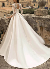 Long Ball Gown Satin Lace Backless Pockets Wedding Dresses with Sleeves