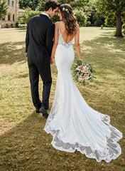 Long V-neck Open Back Satin Lace Mermaid Wedding Dresses