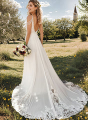 Long A-Line V-Neck Sweep Train Chiffon Backless Wedding Dress With Split Front