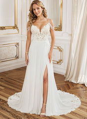 Long A-Line V-Neck Sweep Train Chiffon Backless Wedding Dress With Split Front