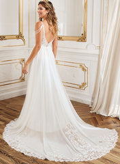 Long A-Line V-Neck Sweep Train Chiffon Backless Wedding Dress With Split Front