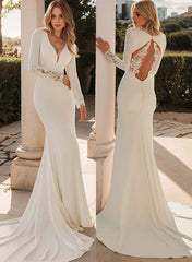 Elegant Long Mermaid V-neck Satin Backless Wedding Dresses with Sleeves