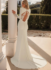 Elegant Long Mermaid V-neck Satin Backless Wedding Dresses with Sleeves