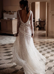 Sparkly Long Sleeves Mermaid V-Neck Sequined Wedding Dresses With Split Front