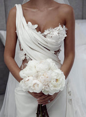 Vintage One Shoulder Flowers Wedding Dresses With Ruffles