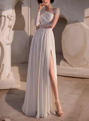 Long Sleeves A-Line Scoop Neck Chiffon Lace Wedding Dresses With Front Split