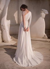 Long Sleeves A-Line Scoop Neck Chiffon Lace Wedding Dresses With Front Split