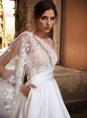 Long A-Line Satin Tulle Appliques Lace Backless Wedding Dresses With Pockets