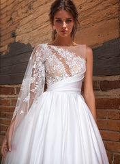 Long A-Line Satin Tulle Appliques Lace Backless Wedding Dresses With Pockets
