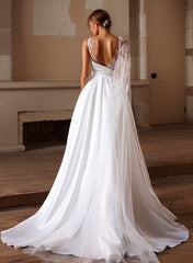 Long A-Line Satin Tulle Appliques Lace Backless Wedding Dresses With Pockets