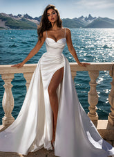Long Mermaid Sweetheart Neckline Sweep Train Satin Wedding Dress With Front Split
