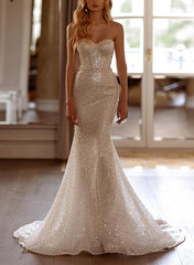 Long Mermaid Off The Shoulde Sequined Wedding Dresses with Sleeves