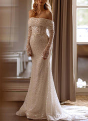 Long Mermaid Off The Shoulde Sequined Wedding Dresses with Sleeves