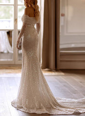Long Mermaid Off The Shoulde Sequined Wedding Dresses with Sleeves