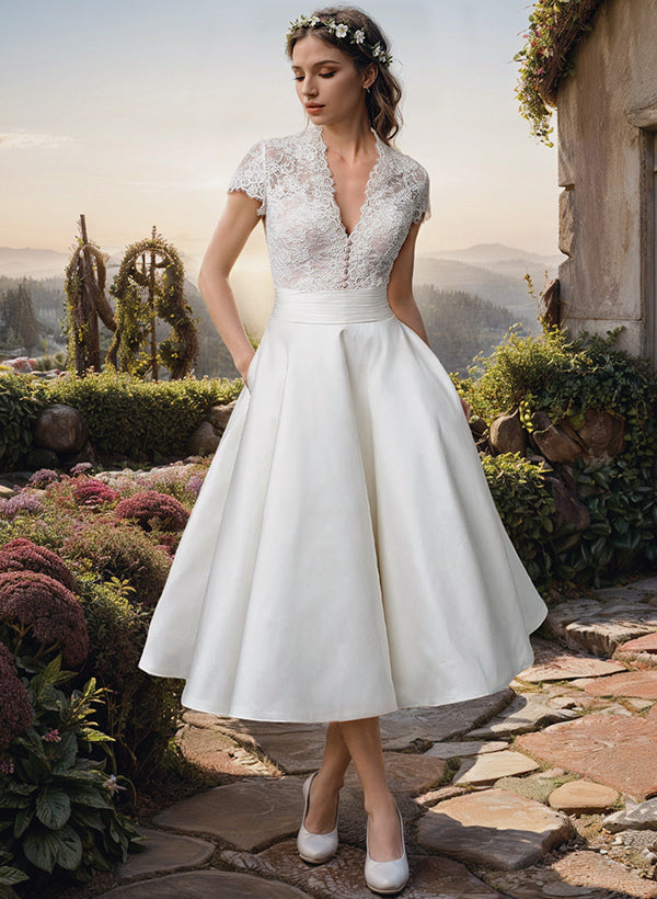 Short A-line V-Neck Tea-Length Lace Satin Wedding Dresses with Pockets