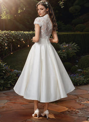 Short A-line V-Neck Tea-Length Lace Satin Wedding Dresses with Pockets
