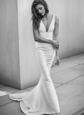 Long V-Neck Mermaid Satin Tulle Wedding Dress With Sweep Train