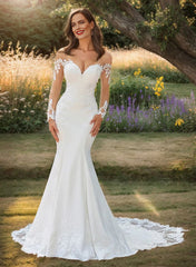 Long Mermaid Sweetheart Satin Tulle Wedding Dress with Appliques Lace