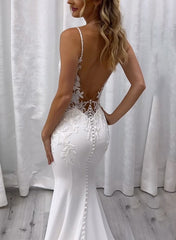 Long Satin Mermaid Sleeveless V-neck Backless Wedding Dresses with Sweep Train