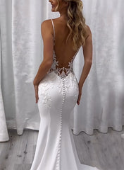 Long Satin Mermaid Sleeveless V-neck Backless Wedding Dresses with Sweep Train