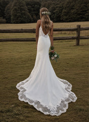 Long V-neck Open Back Satin Lace Mermaid Wedding Dresses