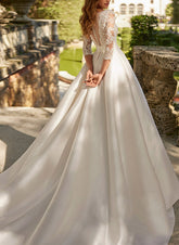 Long A-line V-neck Satin Lace Pockets Wedding Dresses with Sleeves