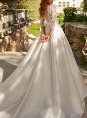 Long A-line V-neck Satin Lace Pockets Wedding Dresses with Sleeves