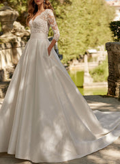 Long A-line V-neck Satin Lace Pockets Wedding Dresses with Sleeves