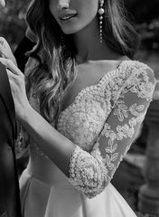 Long A-line V-neck Satin Lace Pockets Wedding Dresses with Sleeves