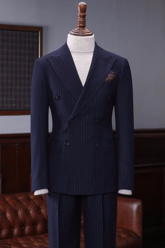 men-handsome-suit-navy-blue-striped-peaked-lapel-double-breasted-suits