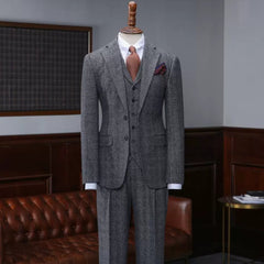 men-fancy-suit-dark-gray-plaid-notched-lapel-three-pieces-business-suits