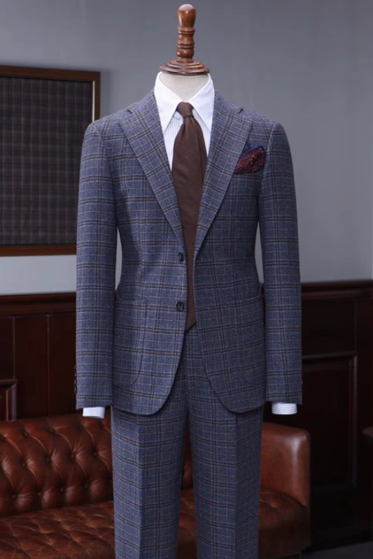 men-bespoke-formal-suits-dark-blue-plaid-notched-lapel-business-jacket