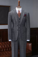 men-fancy-suit-dark-gray-plaid-notched-lapel-three-pieces-business-suits