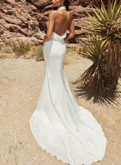Long Mermaid Halter Satin Open Back Wedding Dresses