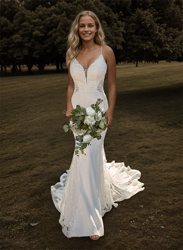 Long V-neck Open Back Satin Lace Mermaid Wedding Dresses