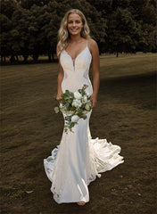 Long V-neck Open Back Satin Lace Mermaid Wedding Dresses