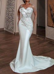 Mermaid V Neck Lace Satin Appliques Lace Wedding Dresses With Sleeves