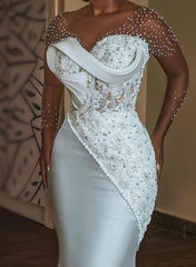 Mermaid V Neck Lace Satin Appliques Lace Wedding Dresses With Sleeves