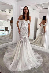 Trumpet Mermaid Off-the-shoulder Tulle Sweep Train Wedding Dress With Appliques Lace