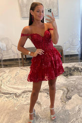 Sparkly Dark Red Corset Tiered Lace A-Line Short Homecoming Prom Dress