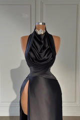 Black Long Halter Evening Dress with High Slit and Pleats