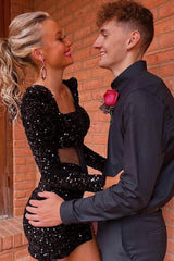 Sparkly Black Corset Long Sleeves Sequins Tight Short Homecoming