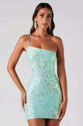 Sparkly Mint Green Sequin One Shoulder Short Homecoming Dress