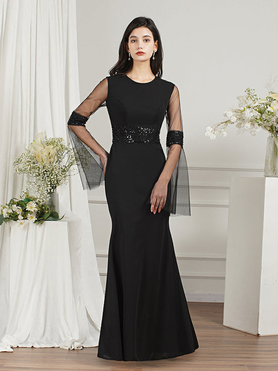 27Dress Black Long Mermaid Satin Formal Prom Dresses with Sleeves-27dress